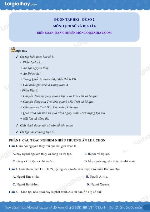 Đề kiểm tra học kì 1 Lịch sử và Địa lí 6 - Đề số 3